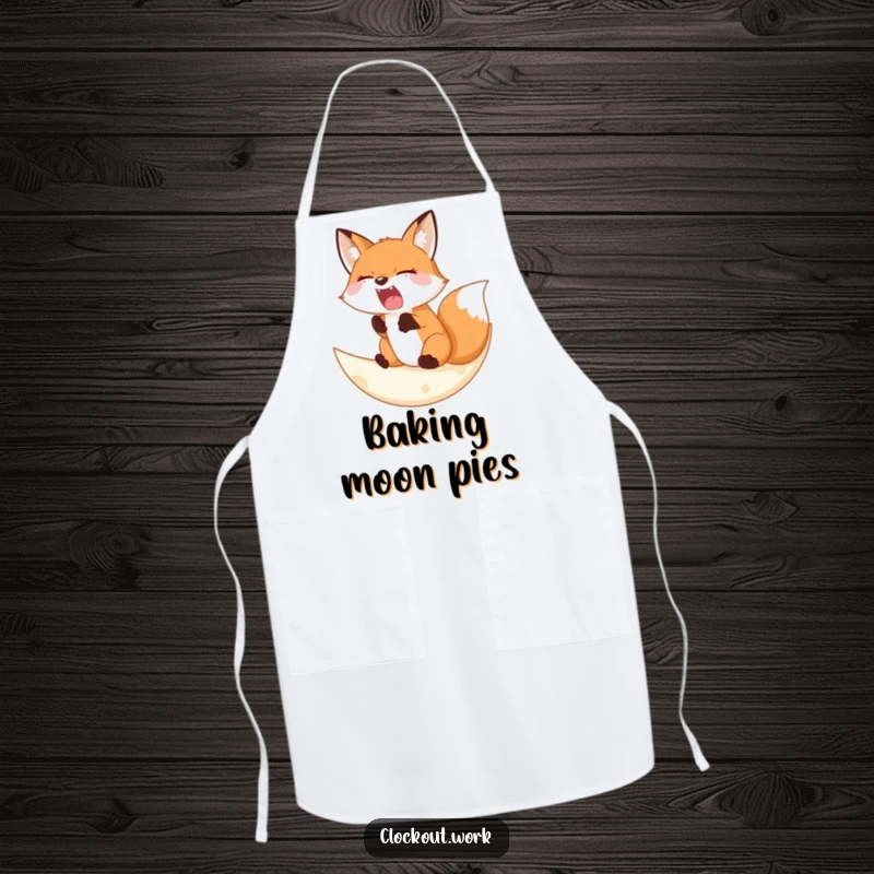 Funny Apron showing a sleepy fox yawning widely on a soft crescent moon, perfect for cozy kitchen vibes.