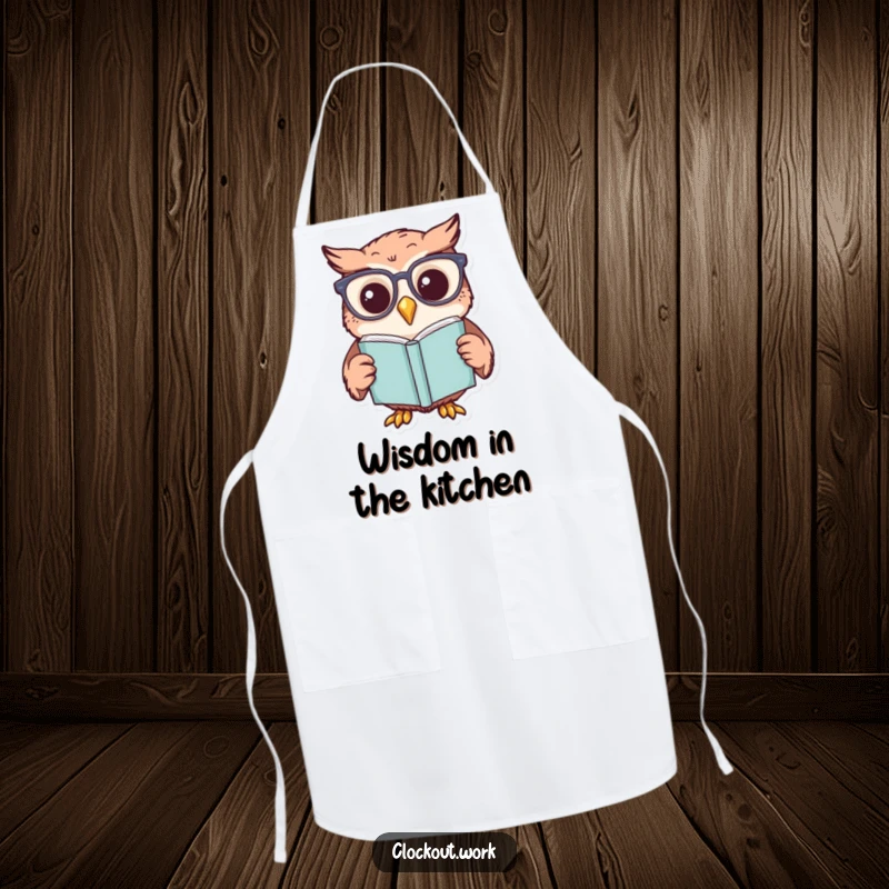 Funny apron with a cheerful owl wearing reading glasses, holding a book while cooking, kitchen humor gift.
