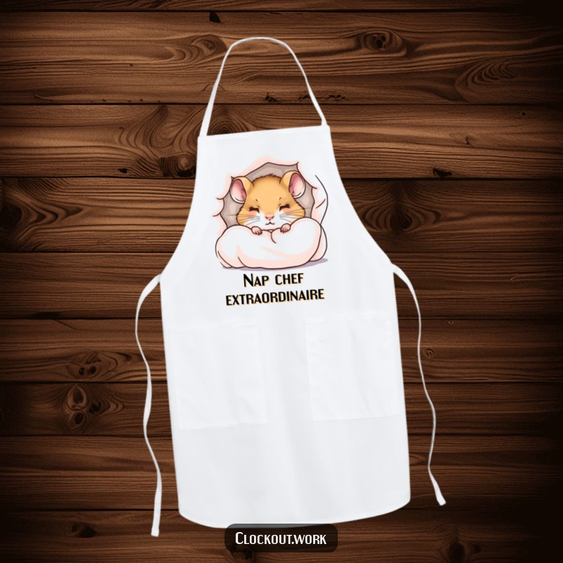 Funny apron with a little dormouse peeking from under a duvet with sleepy eyes, kitchen humor gift.
