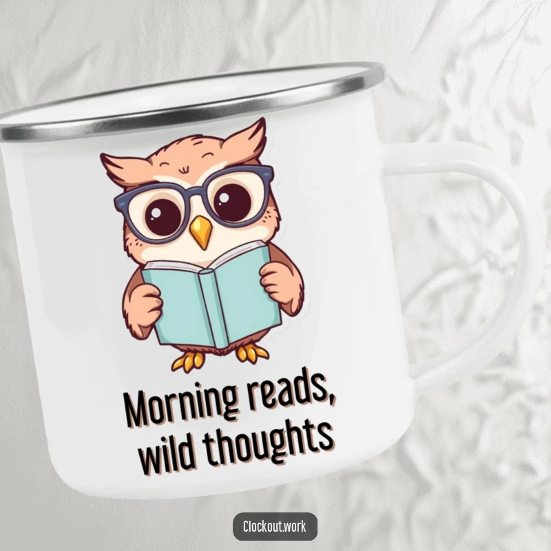 Funny camping mug showcasing a cheerful owl with reading glasses, intently reading outdoors, perfect for travel.