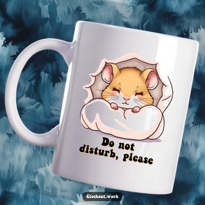 Funny mug with a little dormouse peeking from under a duvet with sleepy eyes, perfect cozy gift.