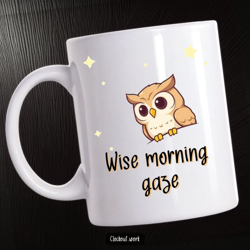 Funny Mug featuring a wide-eyed, curious owl peeking over the edge of a vast, starry night sky.