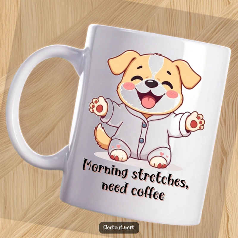 Funny mug with a content dog wearing pajamas, happily stretching its paws upwards, perfect morning gift.