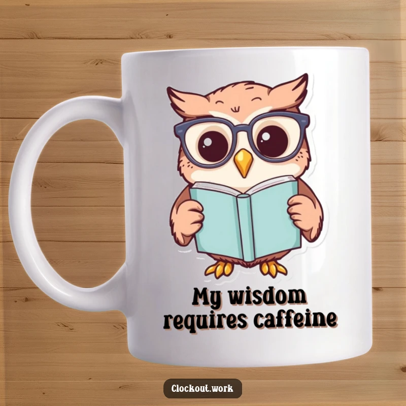 Funny mug with a cheerful owl wearing tiny reading glasses, intensely focused on reading a book, perfect gift.