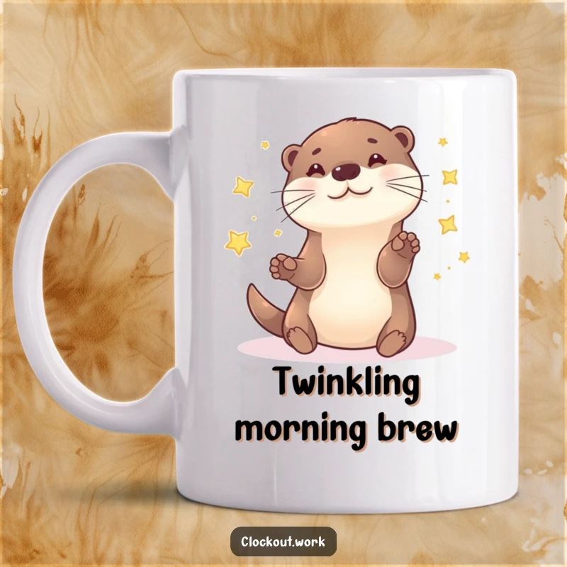 Funny Mug showing a playful otter skillfully juggling small, sparkling stars against a dark, cosmic background.