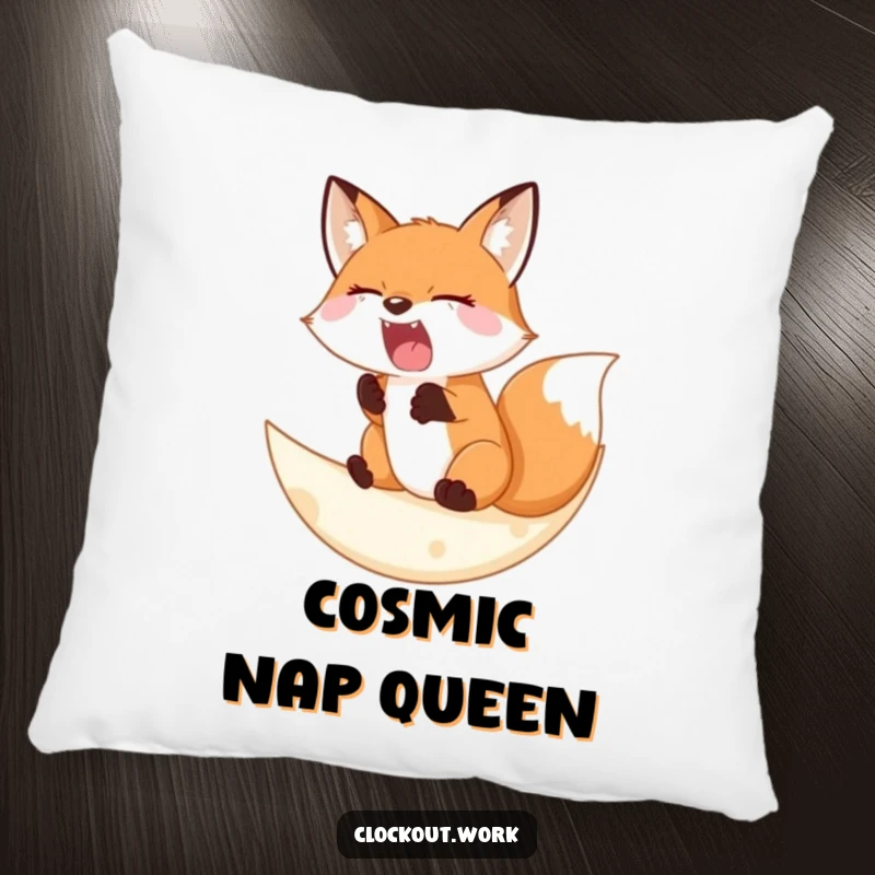 Funny Pillow depicting a sleepy fox yawning widely on a soft crescent moon, perfect for cozy night comfort.
