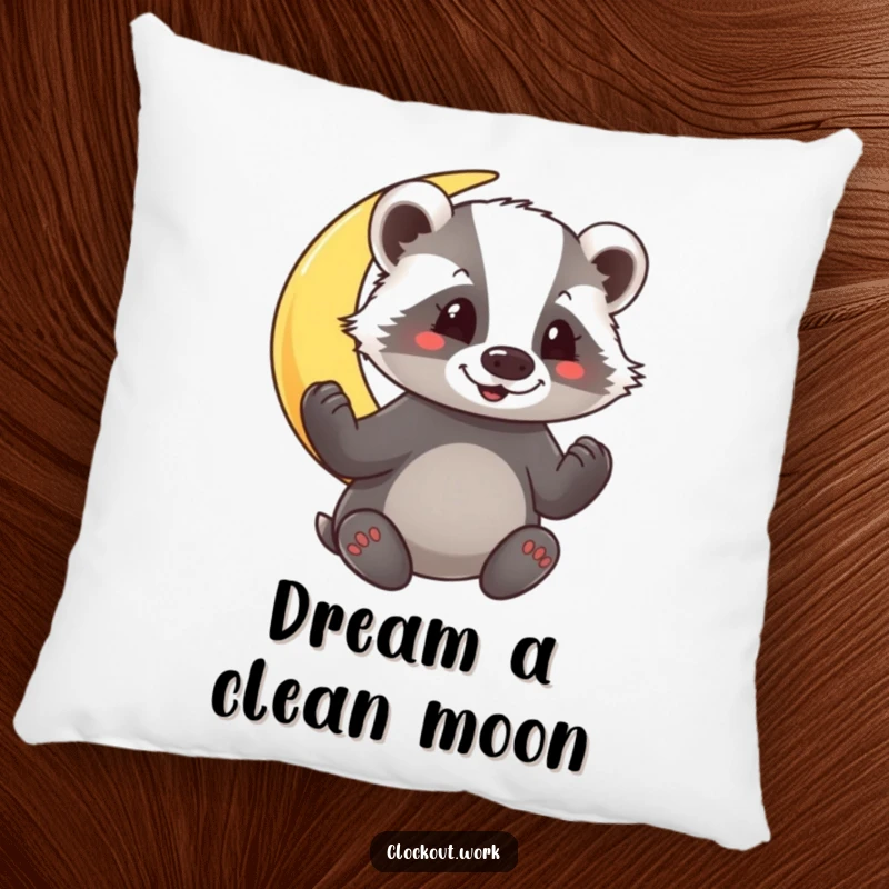 Funny Pillow showcasing a cheerful badger polishing a bright crescent moon, ideal for adding whimsical decor.