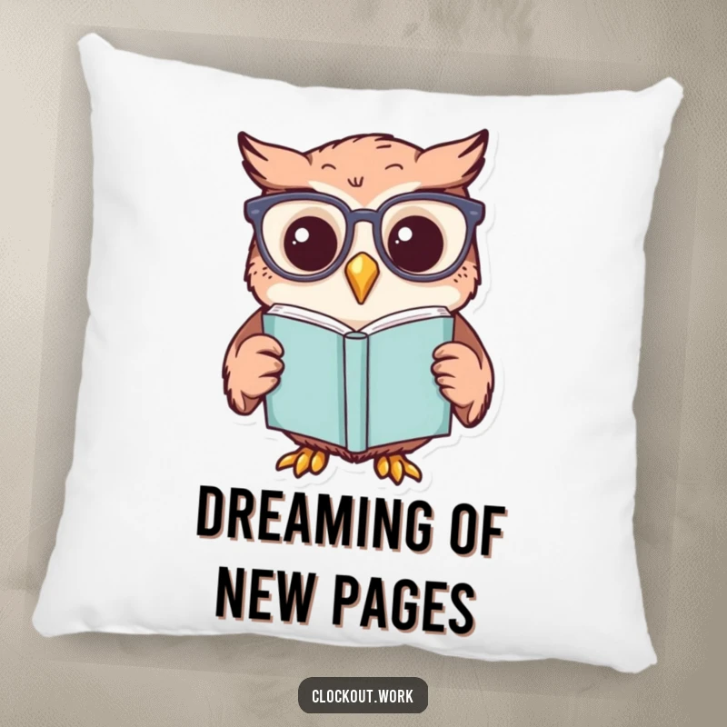 Funny pillow with a cheerful owl in reading glasses, deeply focused on reading a book, comfort and humor.