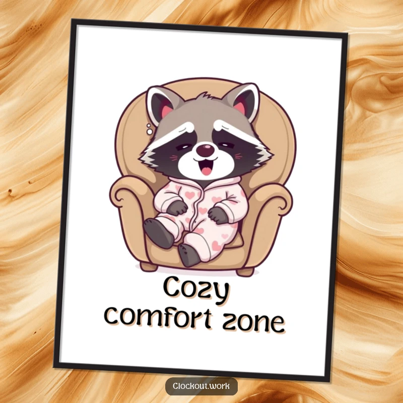 Funny digital art print of a sleepy raccoon in pajamas, yawning happily in a cozy armchair, charming and relaxed.
