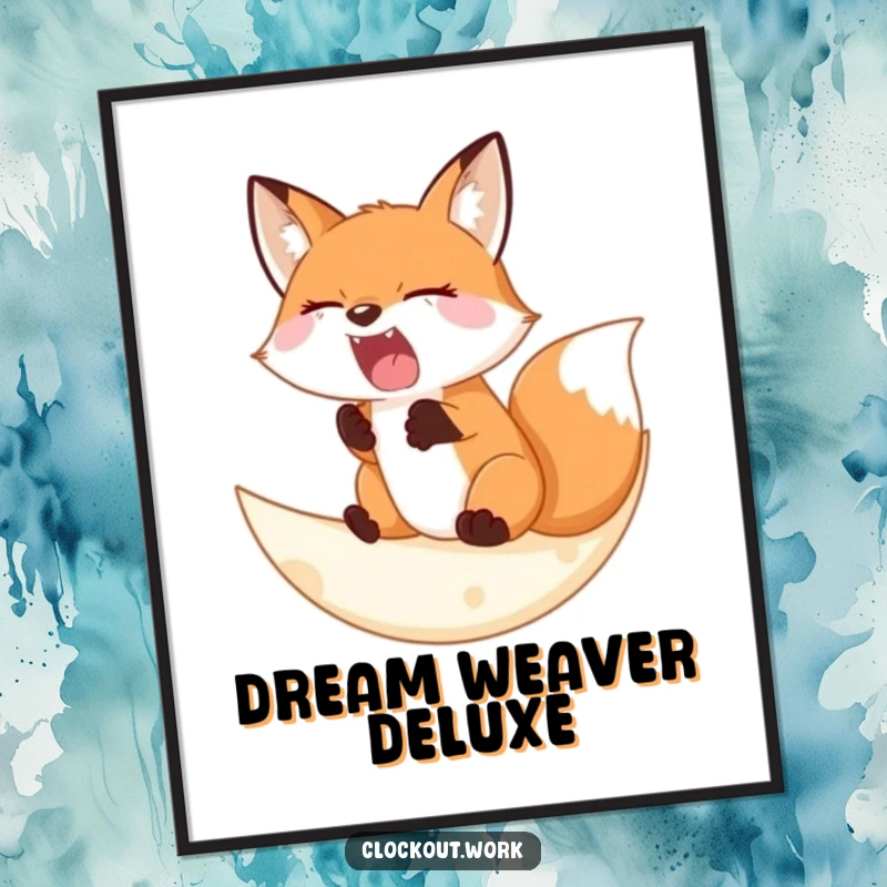Funny Digital Art Print of a sleepy fox yawning widely on a soft crescent moon, capturing peaceful night vibes and humor.