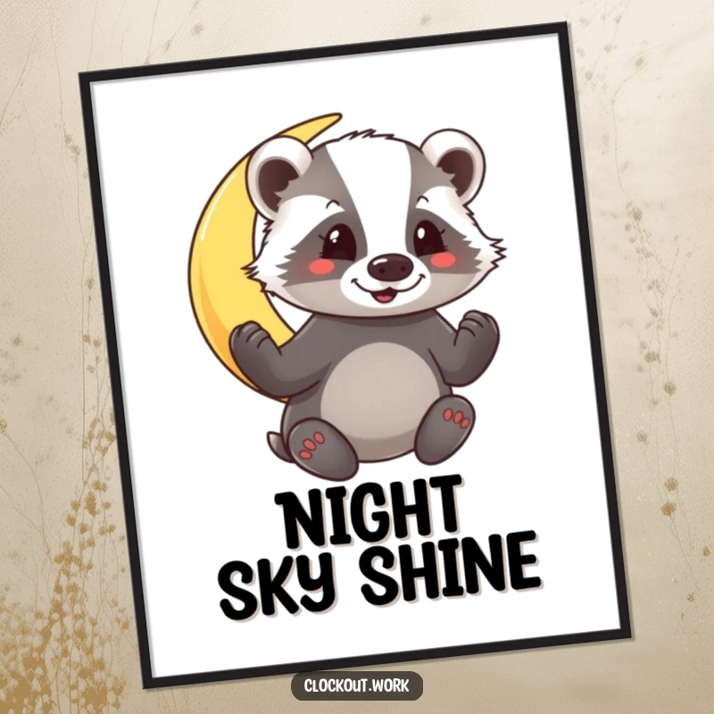 Funny Digital Art Print of a cheerful badger enthusiastically polishing a glowing crescent moon under a starry sky.