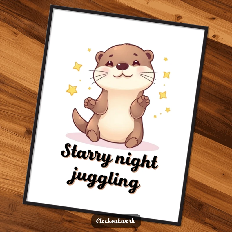 Funny Digital Art Print of a playful otter skillfully juggling small, sparkling stars against a starry night sky.