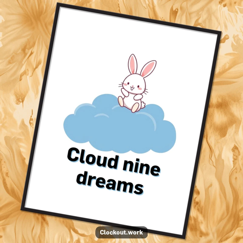 Funny Digital Art Print of a happy rabbit joyfully bouncing on a fluffy dark blue cloud against a dreamy background.