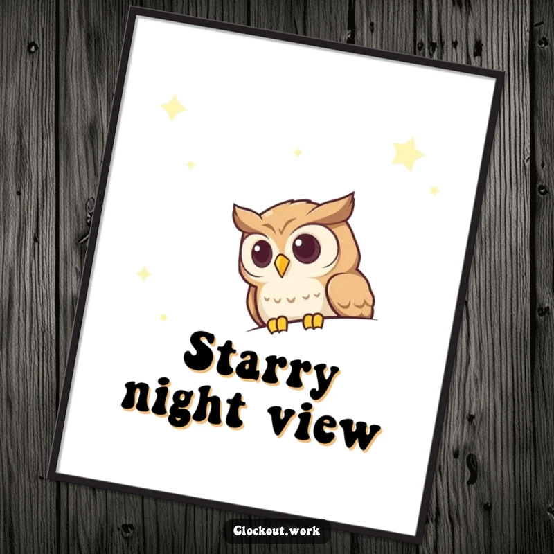 Funny Digital Art Print of a curious owl peeking over the edge of a vast, starry night sky.