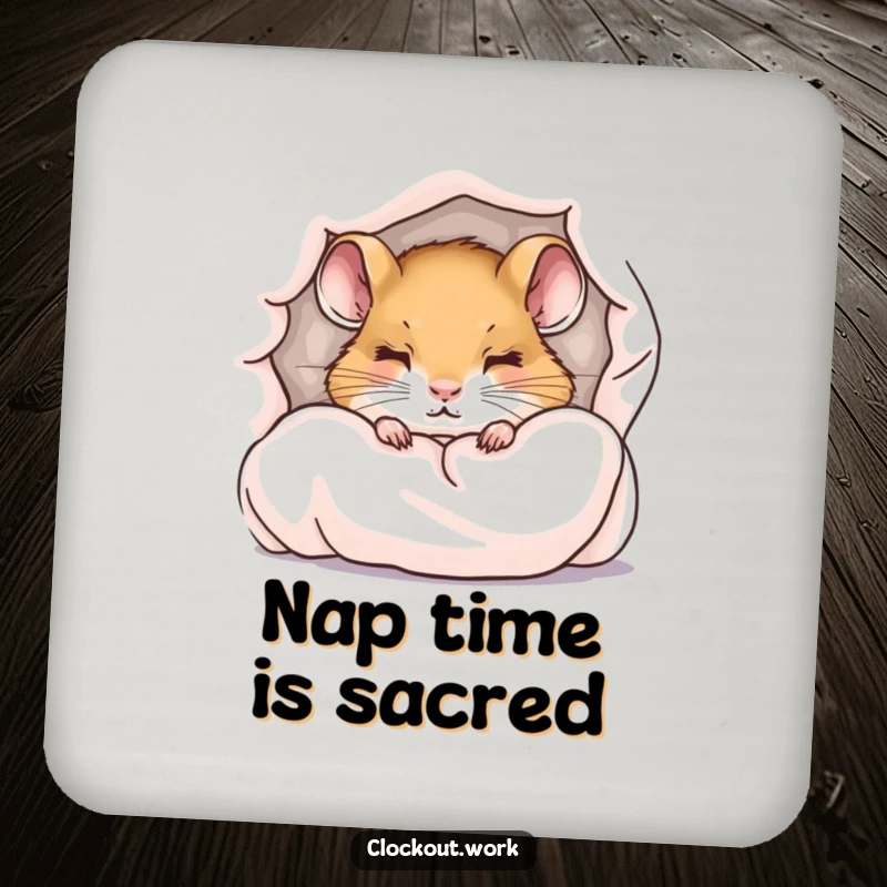 Funny drink coaster with a little dormouse peeking from under a duvet with sleepy eyes, protects furniture.