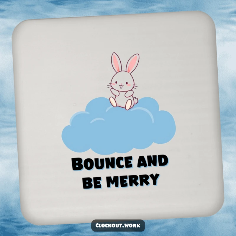 Funny Coaster with a happy rabbit bouncing on a fluffy dark blue cloud, adding whimsical protection.