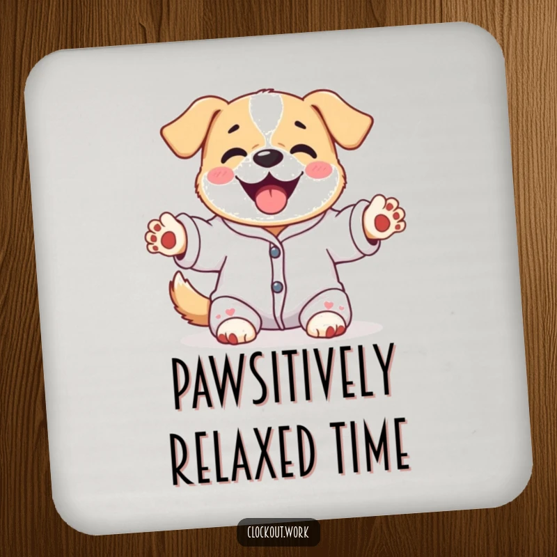 Funny drink coaster with a content dog wearing pajamas, happily stretching its paws upwards, protects furniture.