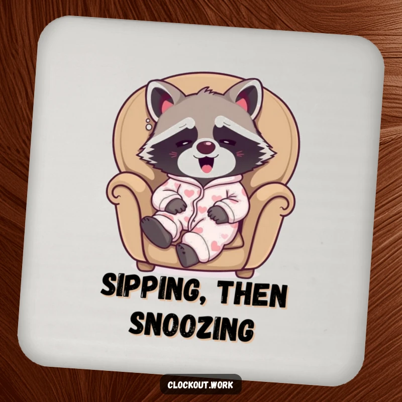Funny drink coasters featuring a sleepy raccoon wearing pajamas, yawning happily in a cozy armchair, adding charm.