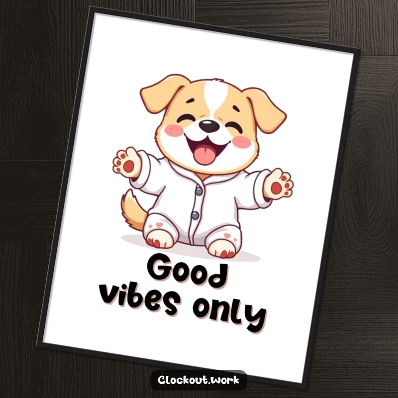 Funny poster of a content dog wearing pajamas, happily stretching its paws upwards, adds wall decor.