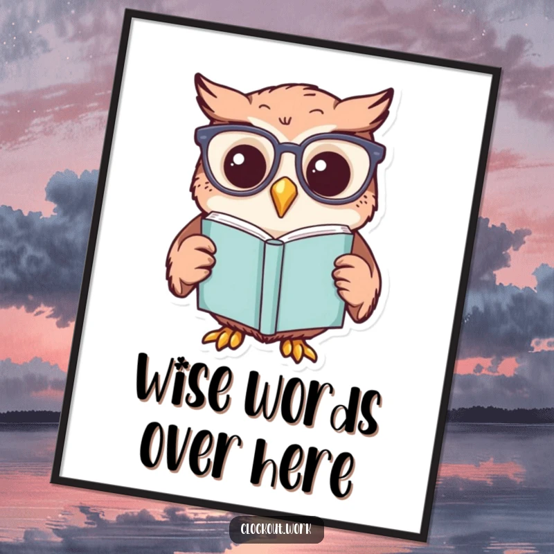 Funny poster of a cheerful owl wearing reading glasses, intently focused on a book, adds humor to walls.