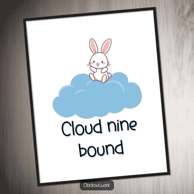 Funny Poster illustrating a cheerful rabbit joyfully bouncing on a soft, dark blue cloud in a dreamy setting.