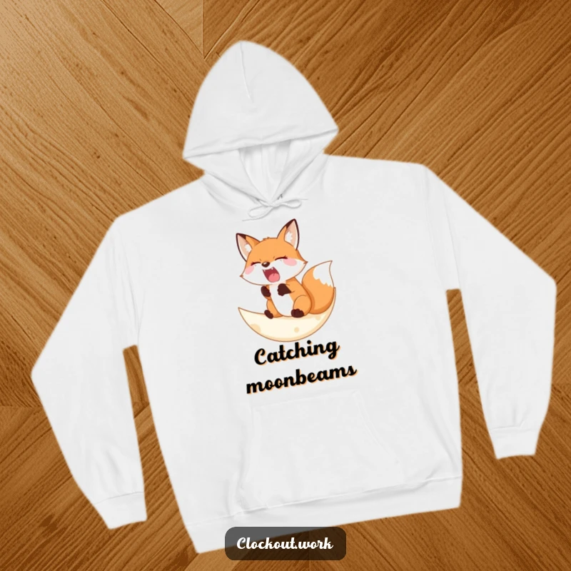 Funny Hoodie with a sleepy fox yawning widely on a soft crescent moon, ideal for cozy nights and tranquil music.