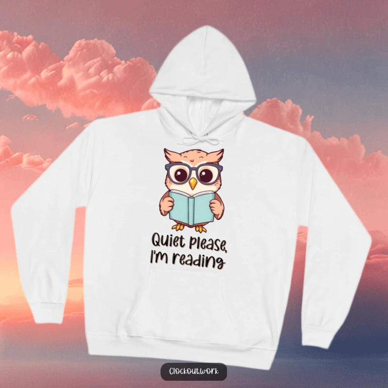 Funny hoodie showcasing a cheerful owl with reading glasses, intently reading a book, ideal funny gift.