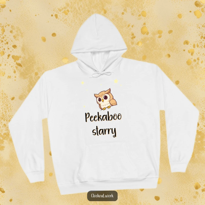 Funny Hoodie featuring an inquisitive owl peeking over the edge of a beautifully rendered starry night sky.