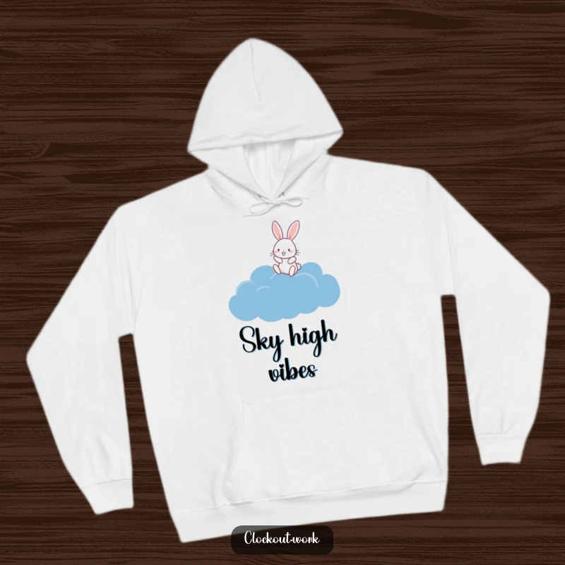 Funny Hoodie depicting a happy rabbit mid-bounce on a soft, fluffy dark blue cloud, offering ultimate coziness.