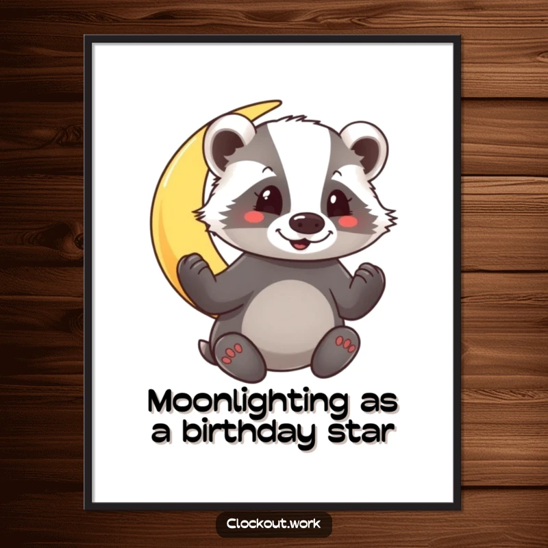 Funny Free Printable Wall Art: A cheerful badger enthusiastically polishing a gleaming crescent moon against a starry night sky.
