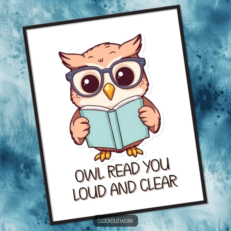 Funny Free Printable Wall Art: A cheerful owl sporting reading glasses is engrossed in a book, adding wit to your space.
