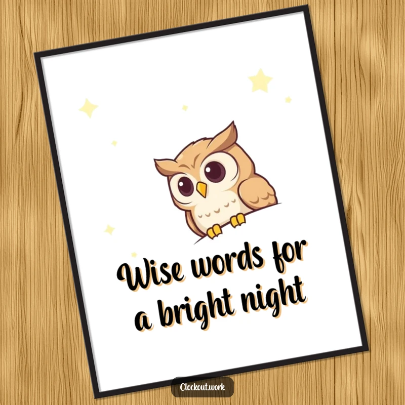 Funny Free Printable Wall Art: A curious owl peeking over the edge of a vast, dark, starry night sky with wide eyes.