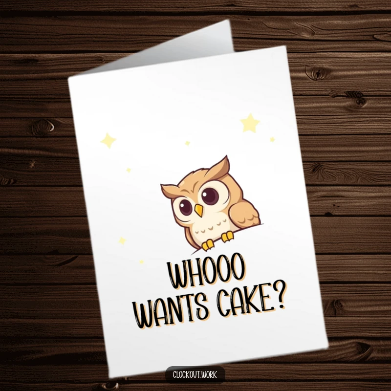 Funny Free Printable Birthday Card: A curious owl's head peeking over the edge of a dark, starry night sky with a watchful gaze.