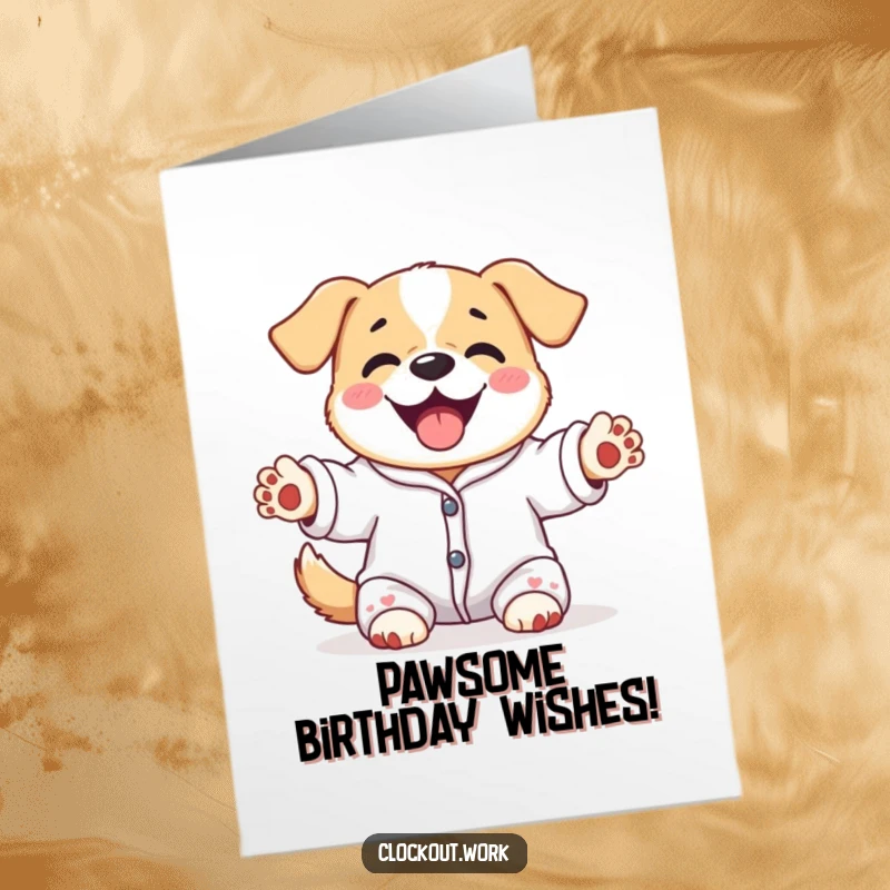 Funny Free Printable Birthday Card: A happy dog in pajamas stretches its paws upwards, wishing you a comfy birthday.