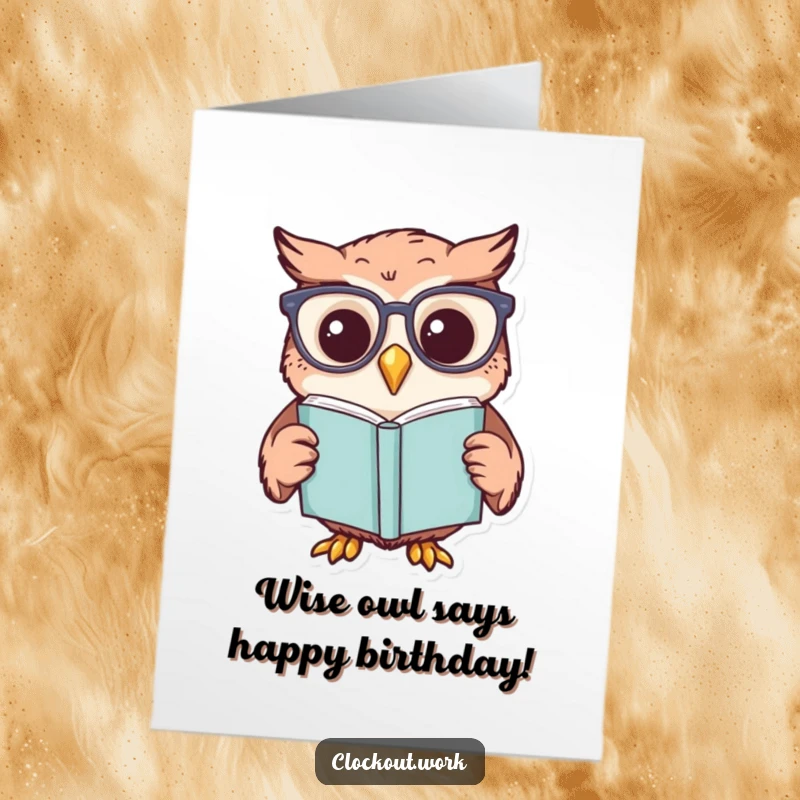 Funny Free Printable Birthday Card: An owl in reading glasses intensely studying a book, ready to deliver birthday wishes.