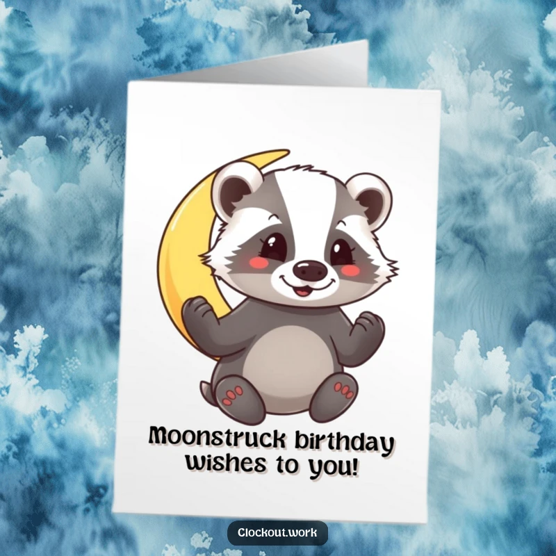 Funny Free Printable Birthday Card: Cheerful badger meticulously polishing a shiny crescent moon under the night sky, a whimsical design.