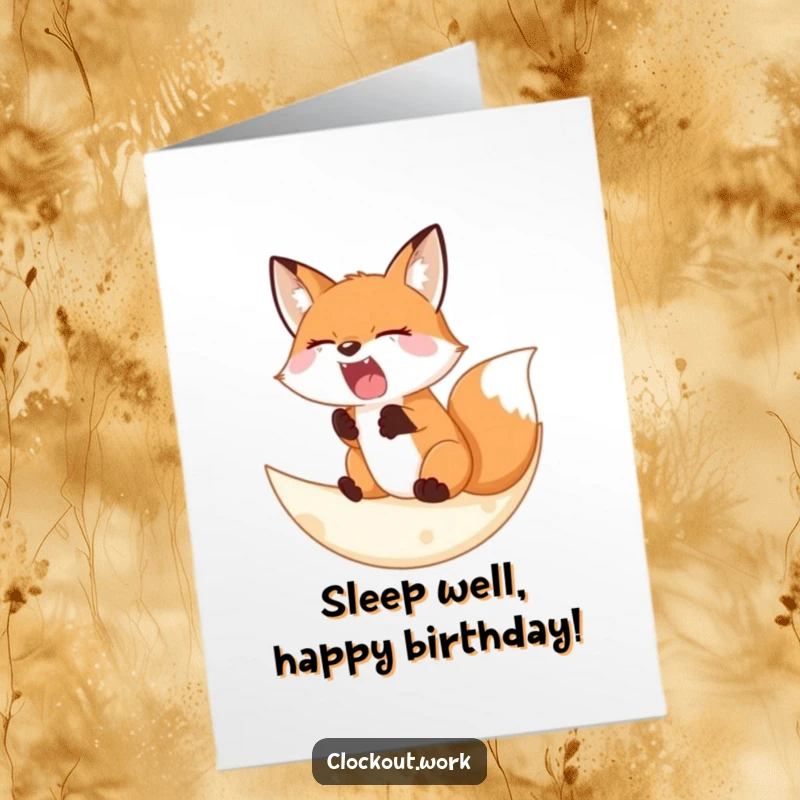 Funny Free Printable Birthday Card: A sleepy fox yawns widely while resting on a soft crescent moon.