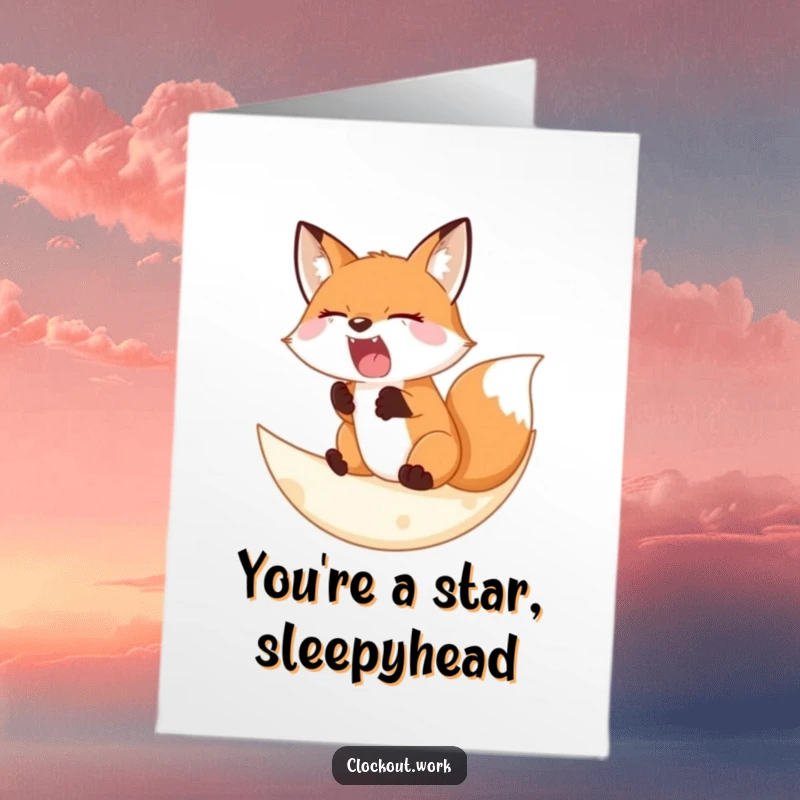 Funny Free Printable Congratulations Card: A fox is yawning peacefully on a soft crescent moon.