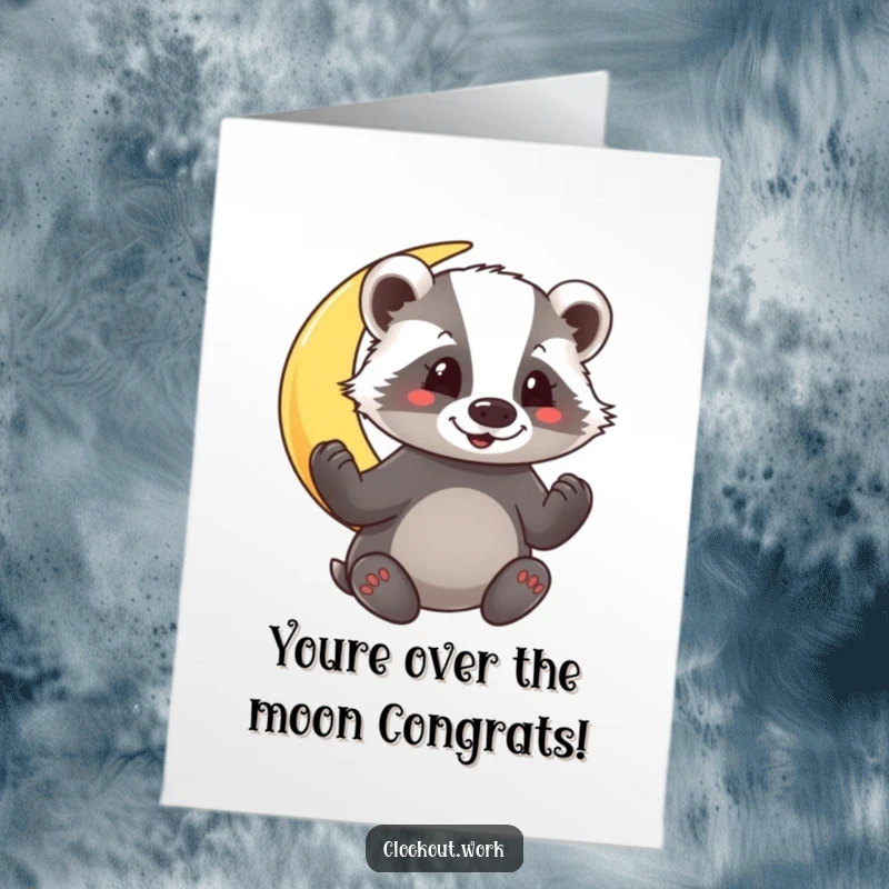 Funny Free Printable Congratulations Card: Cheerful badger enthusiastically polishing a glowing crescent moon, celebrating success with humor.