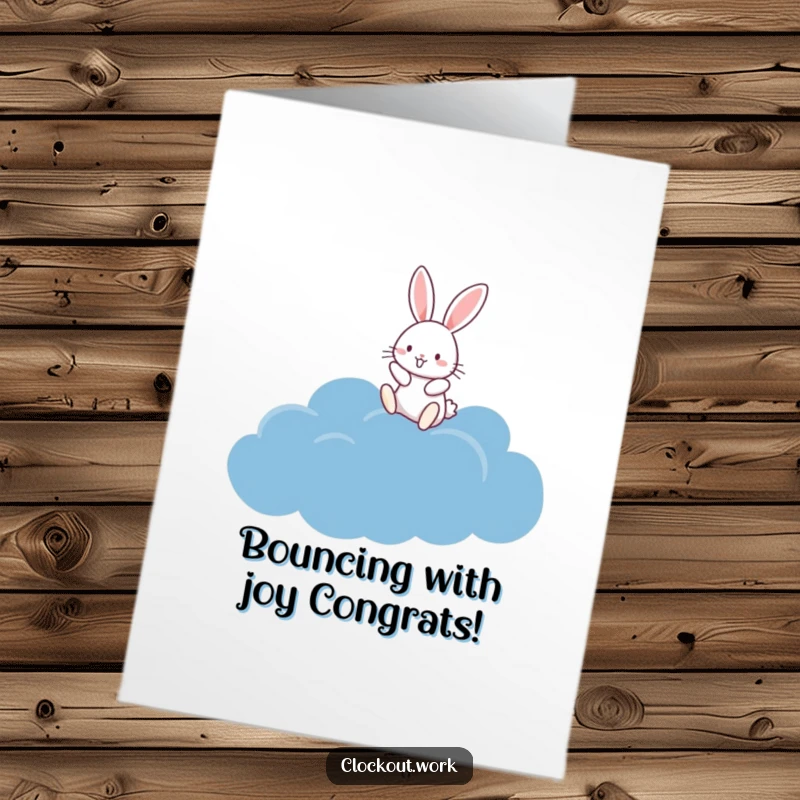 Funny Free Printable Congratulations Card: A happy rabbit energetically bouncing on a plush, dark blue cloud, signifying an elevated mood.