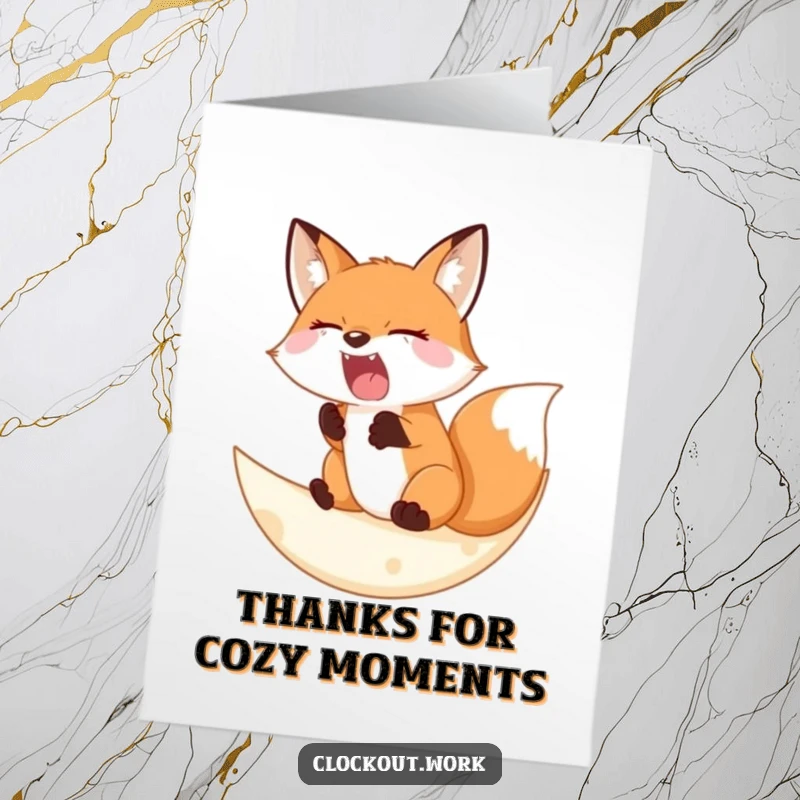 Funny Free Printable Thank You Card: A wide-eyed sleepy fox yawns while perched on a soft crescent moon.