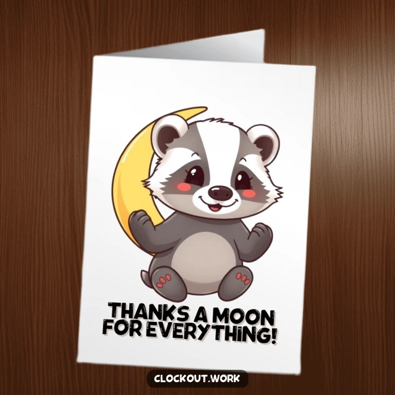 Funny Free Printable Thank You Card: A cheerful badger gleefully polishing a crescent moon, conveying thanks with a touch of whimsy.