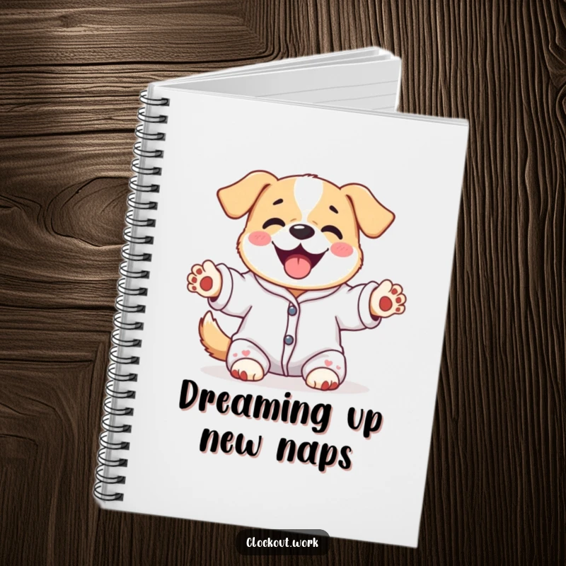 Funny notebook with a content dog wearing pajamas, happily stretching its paws upwards, for note-taking.