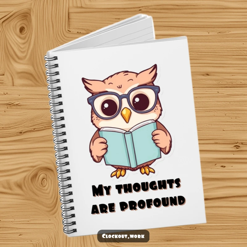 Funny notebook with a cheerful owl wearing reading glasses, intensely focused on a book, for note-taking.