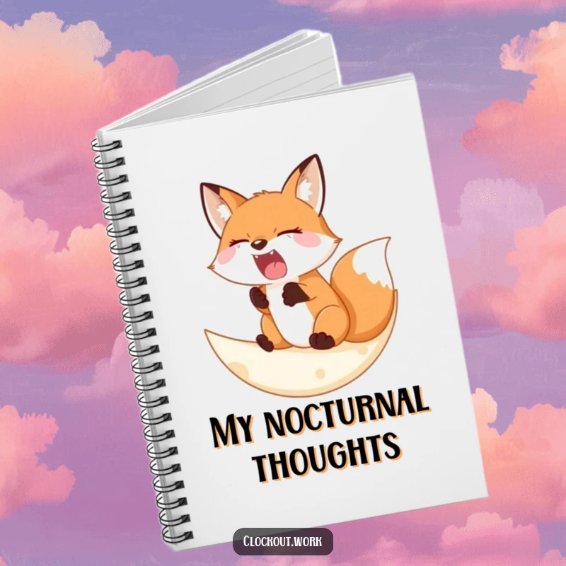 Funny Notebook with a sleepy fox yawning widely on a soft crescent moon, perfect for journaling cozy night thoughts.