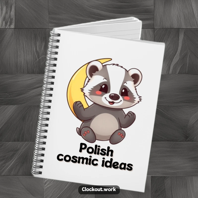 Funny Notebook featuring a cheerful badger polishing a crescent moon, perfect for jotting down stellar ideas.