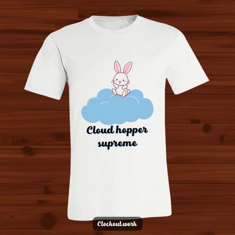 Funny T-Shirt showing a delighted rabbit energetically bouncing high on a plush, dark blue cloud.