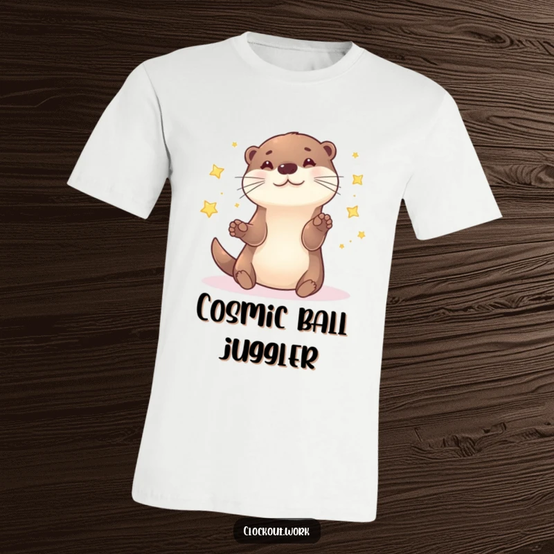 Funny T-Shirt depicting a happy otter juggling a collection of tiny, glittering stars with impressive dexterity.