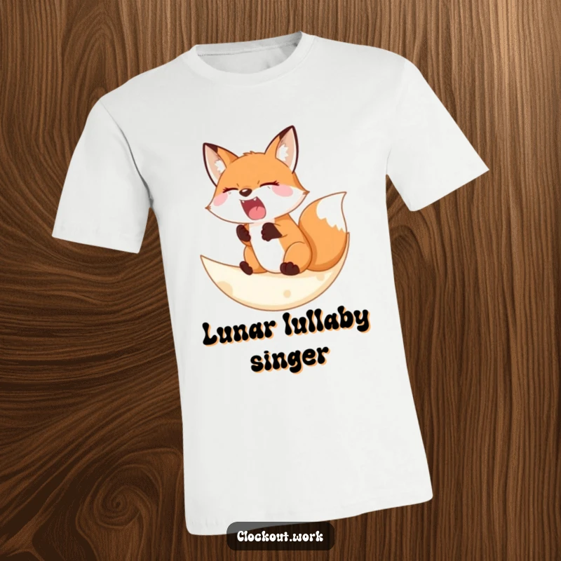 Funny T-Shirt with a sleepy fox yawning widely on a soft crescent moon, perfect for night owls and cozy music lovers.