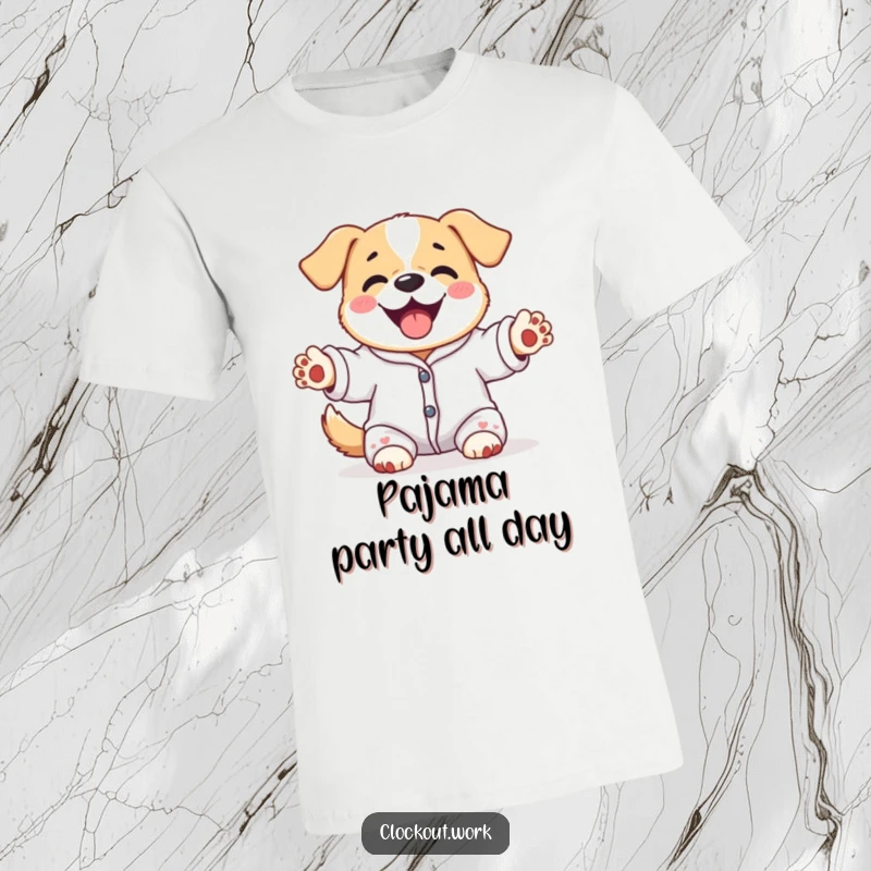 Funny t-shirt featuring a content dog in pajamas, happily stretching its paws upwards, great funny gift.